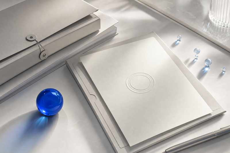 Editorial still of neutral folders and a blank embossed motif with a blue glass sphere accent