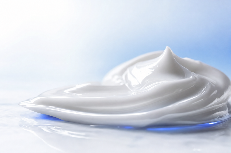 Premium macro of a smooth white cream swirled into soft peaks on a clean light surface with a cool blue accent