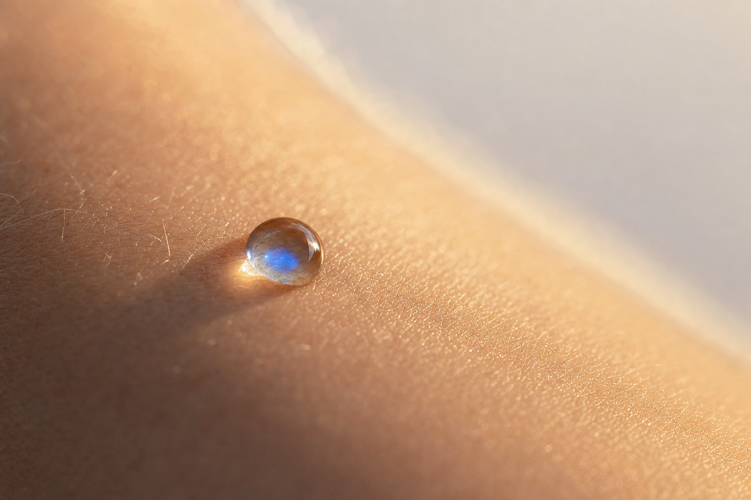 Editorial macro of calm bare skin in warm summer light with a single clear water bead holding a cool blue reflection