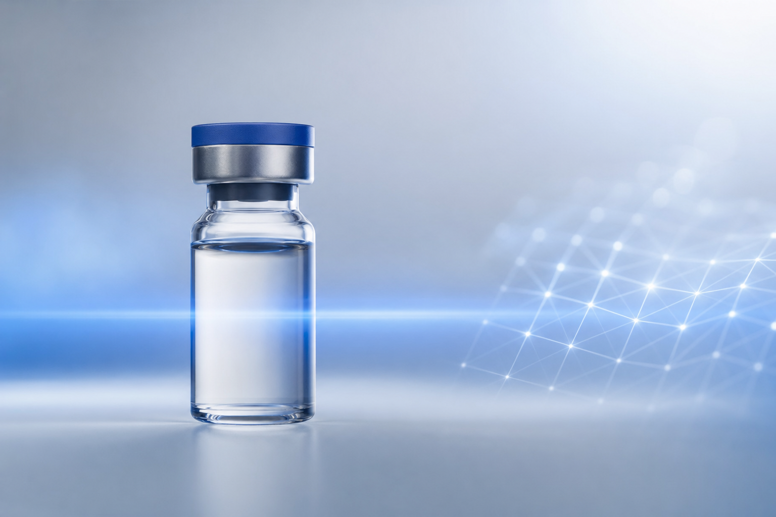 A single sealed clear glass aesthetic vial with an intact crimped cap under cool blue light, with a faint abstract authentication light grid in the background
